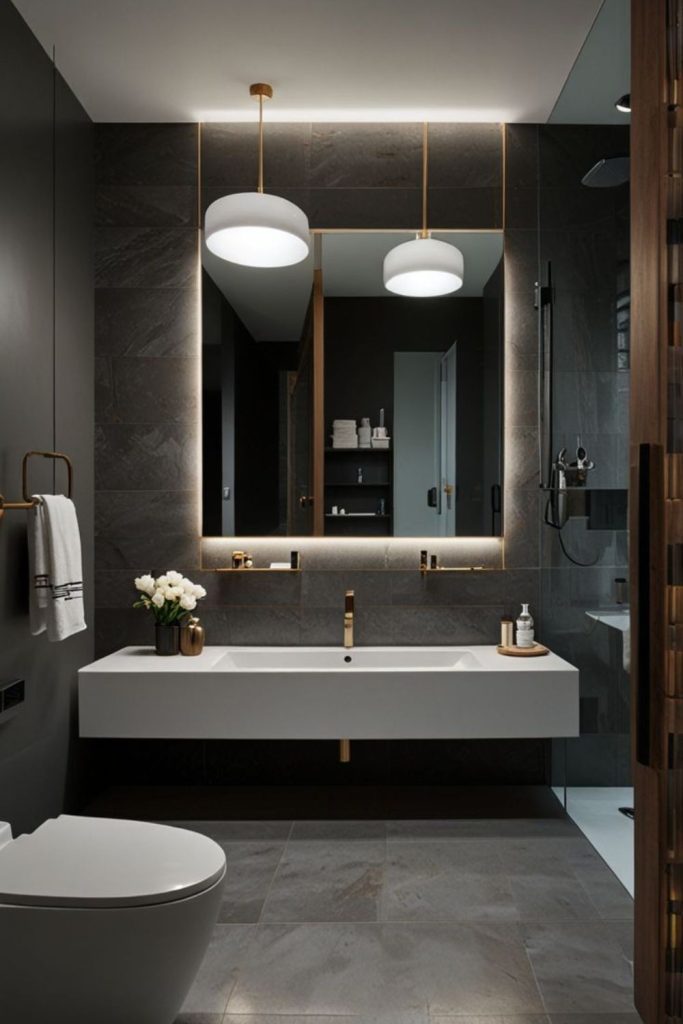 Polished ash bathroom with brass accents.