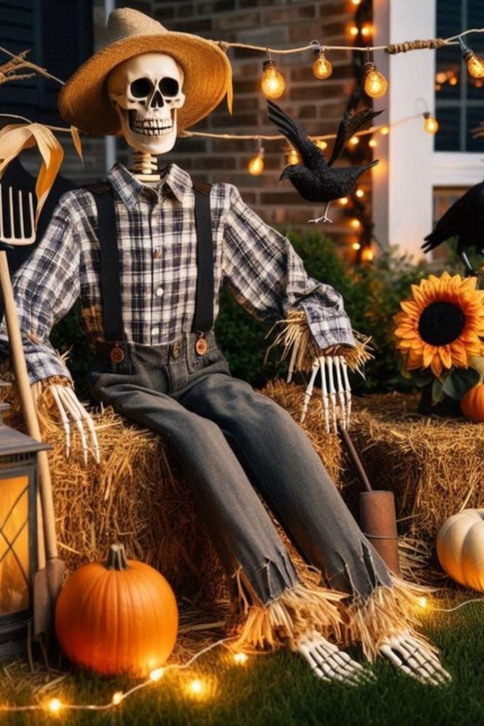 Haunted scarecrow trio guarding front yard