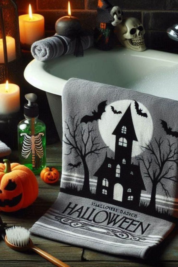 Halloween bathtub with towel, pumpkins, and poison bottle decor