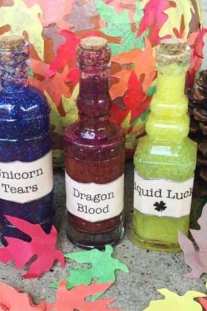 Glitter potion bottles filled with color.