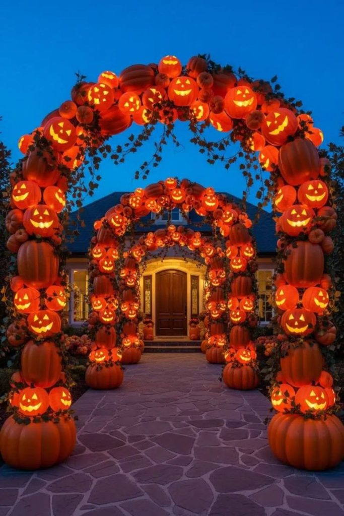 Pumpkin archway glowing with carved faces