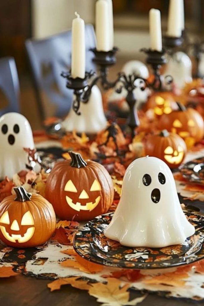 Pumpkin candle row glowing with faces.