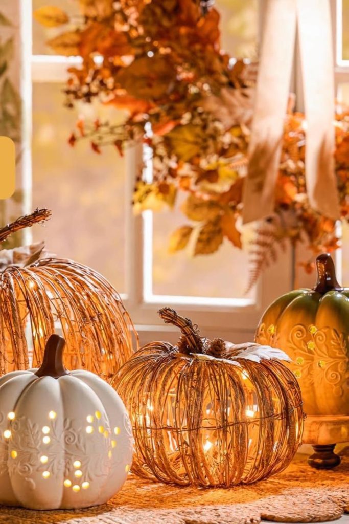 Pumpkin fairy lights with moss carpet.