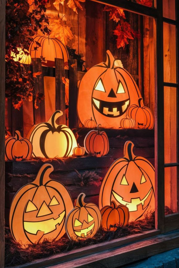 Pumpkin faces with glowing orange grins.