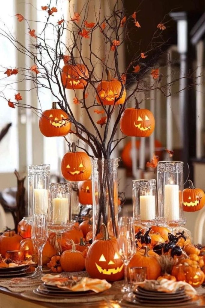 Pumpkin inferno glowing fiery centerpiece.