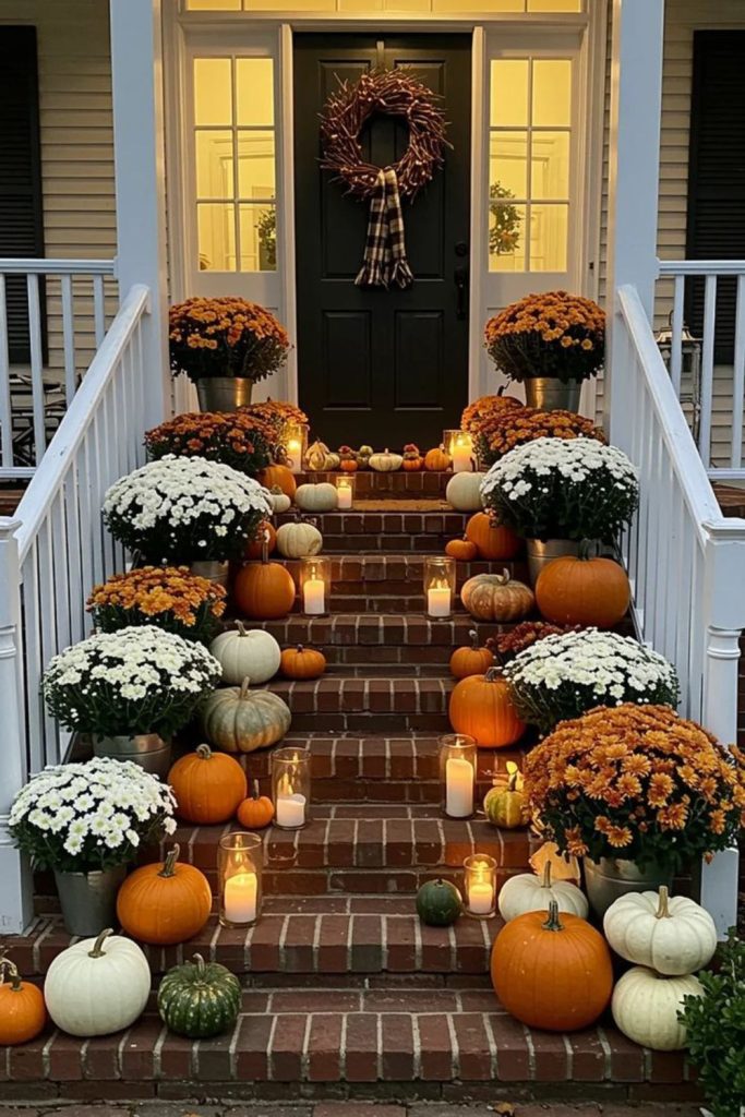 Pumpkin-filled fall porch entryway decor.