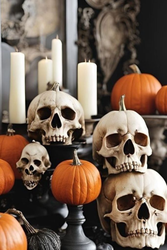Pumpkin skull pyramid with black roses.