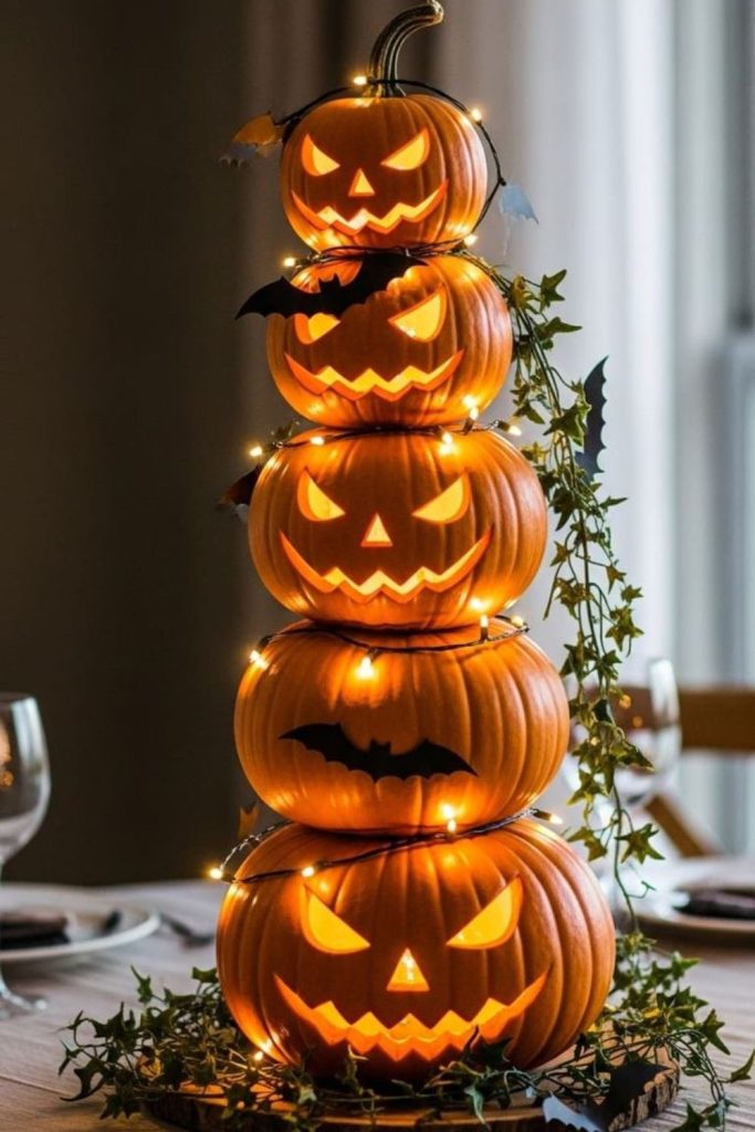 Pumpkin tower candle holder glowing centerpiece.