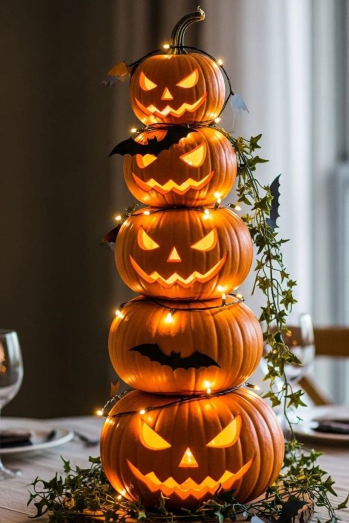 Stacked pumpkins with flickering shadow faces.
