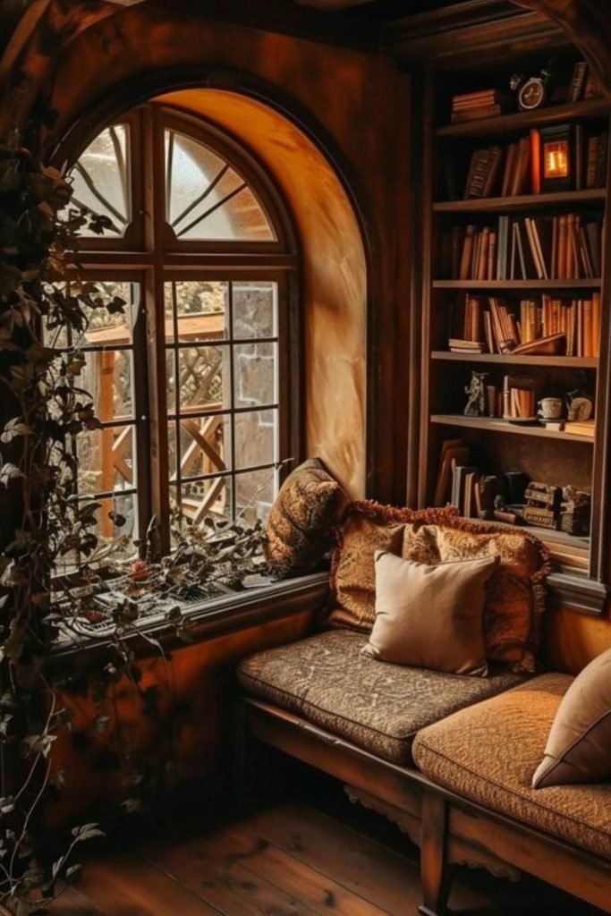 Pumpkin-hued rustic nook with oak shelves.