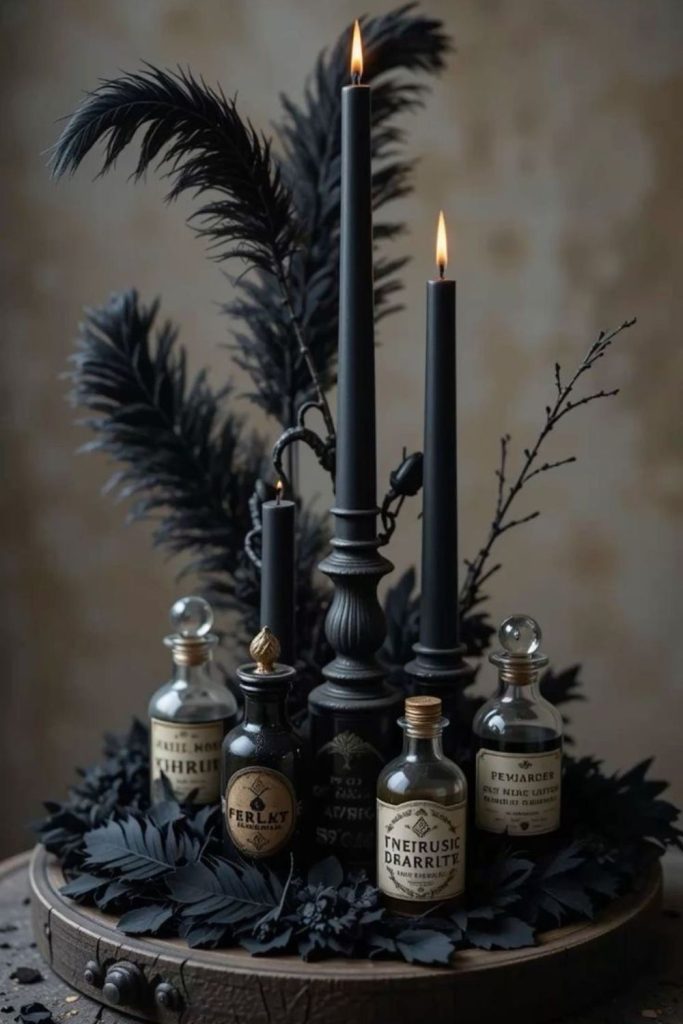 Raven court black feather candle setting.