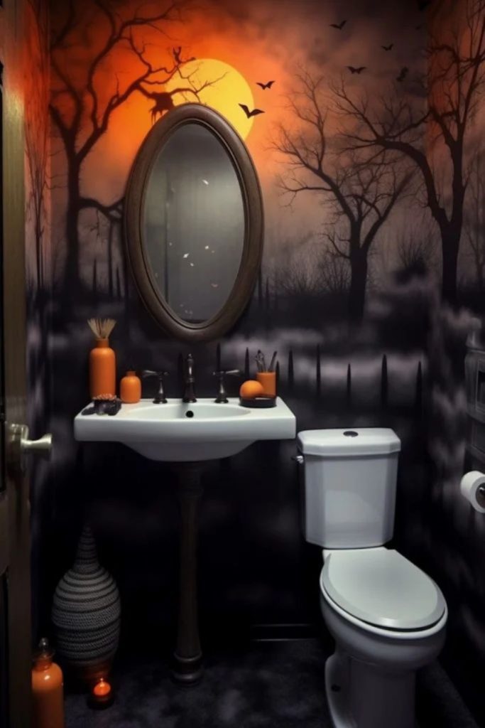 Raven-inspired black Halloween bathroom theme.