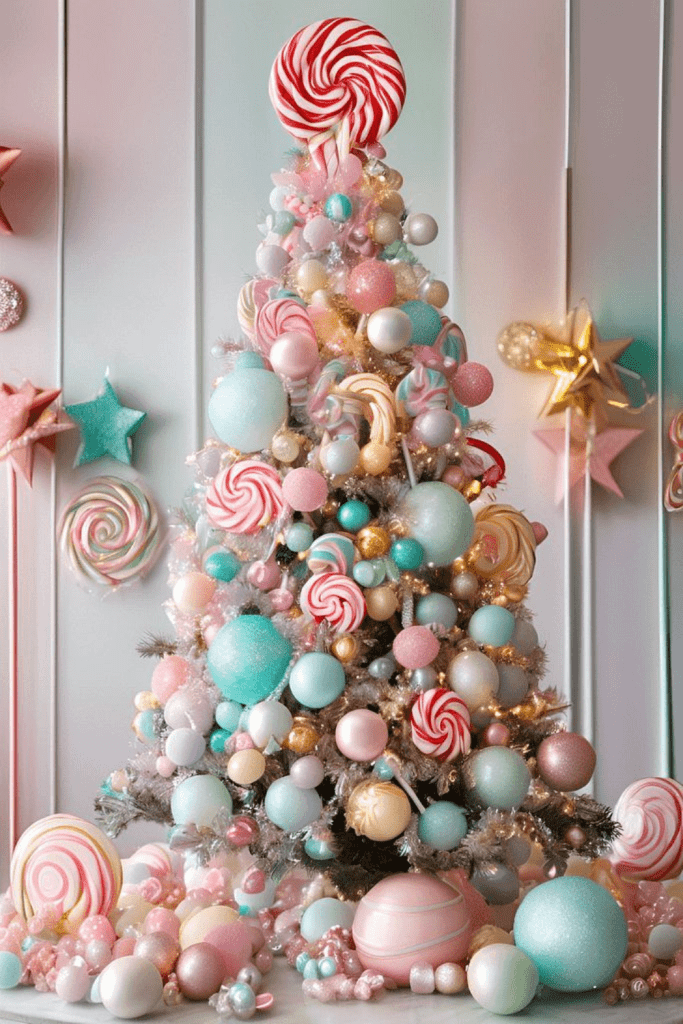 Retro candy-toned vintage Christmas tree decor.