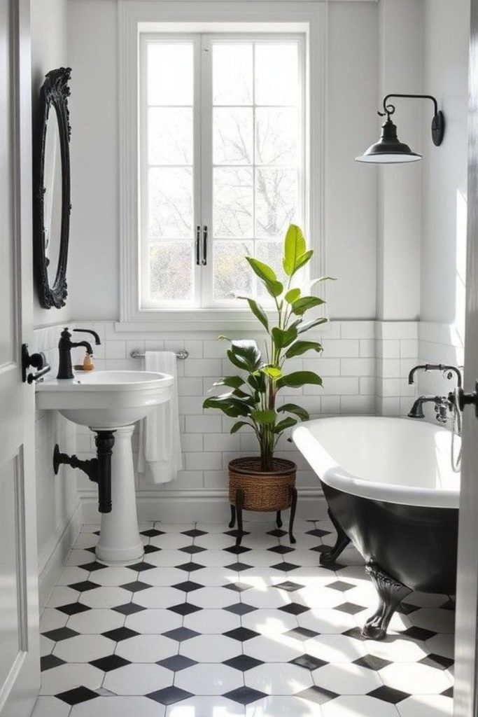 Retro black and white patterned bathroom.