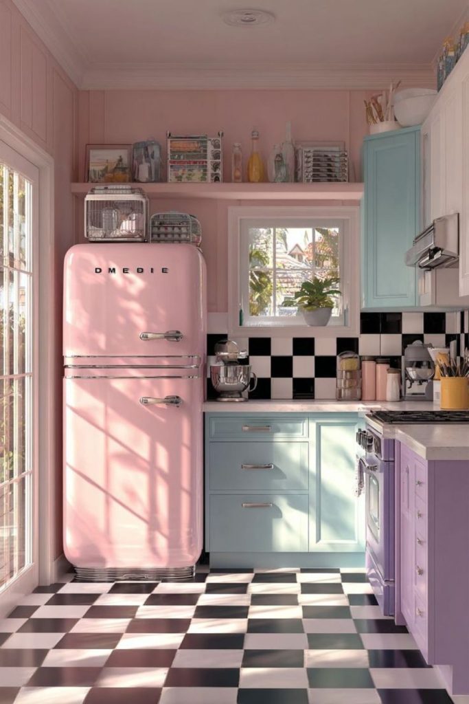 Retro pastel kitchen with vintage vibe.