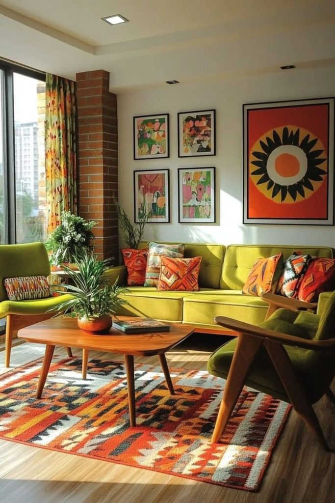 Retro vintage-inspired colorful living area.