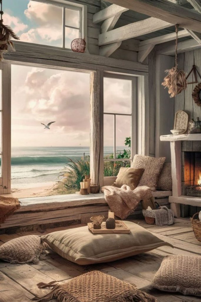 Driftwood-themed riverside cottage living space.