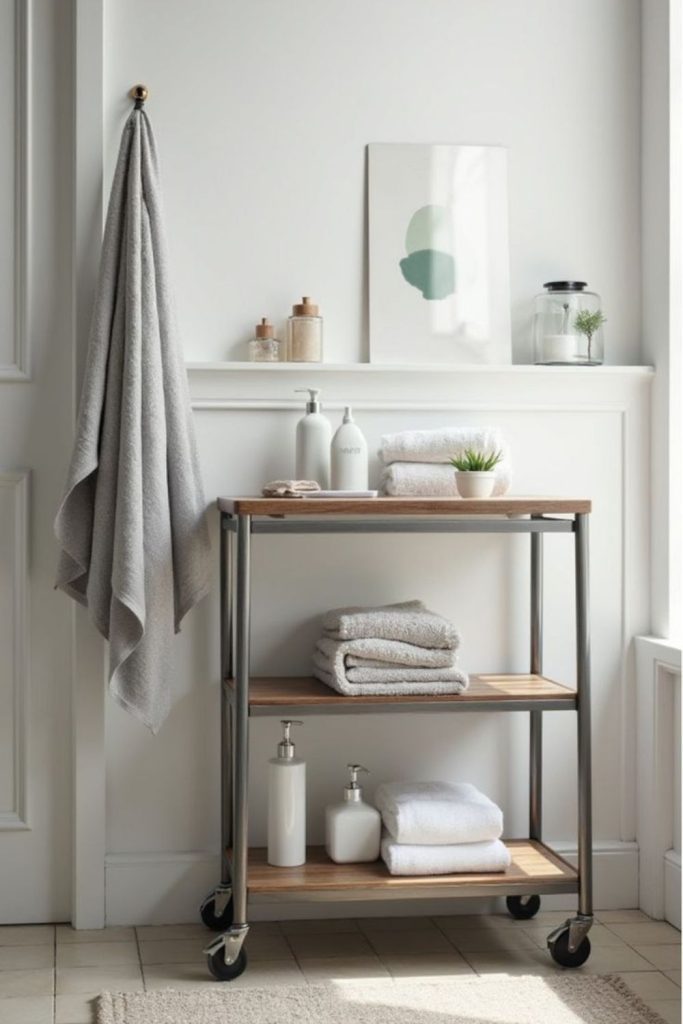 Rolling cart beside sink or bathtub storage.
