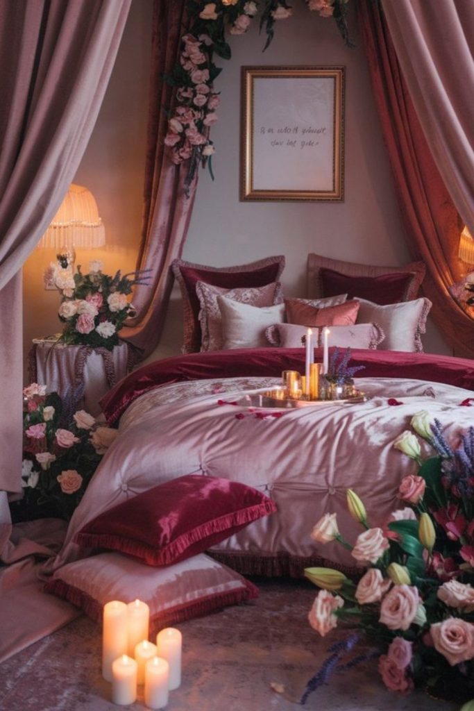 Rosewood candlelit romantic nighttime room.