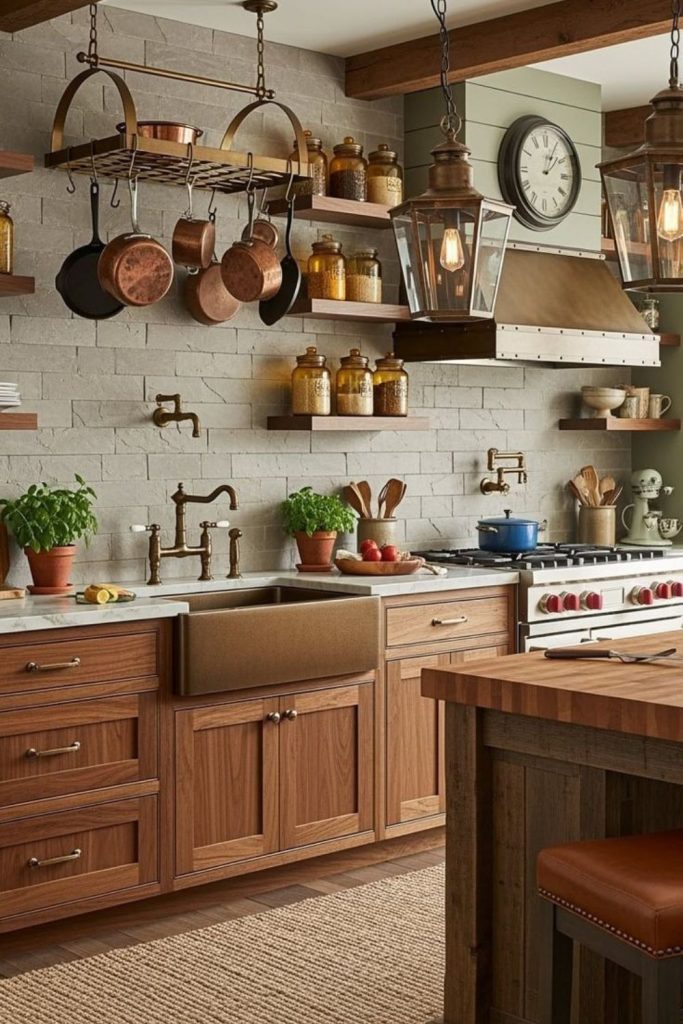 Rustic wood kitchen with copper accents.