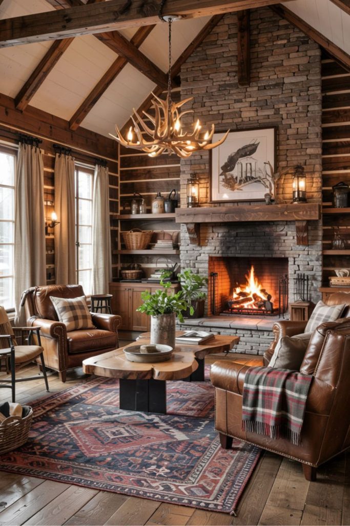 Rustic stone fireplace with plaid charm.