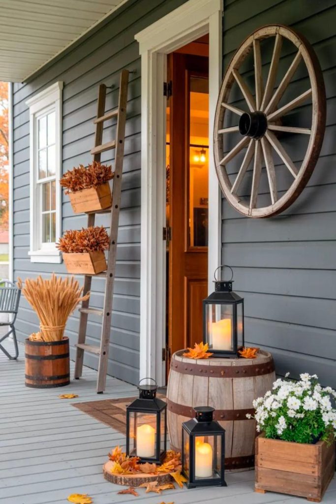 Farmhouse-style fall porch with lanterns.