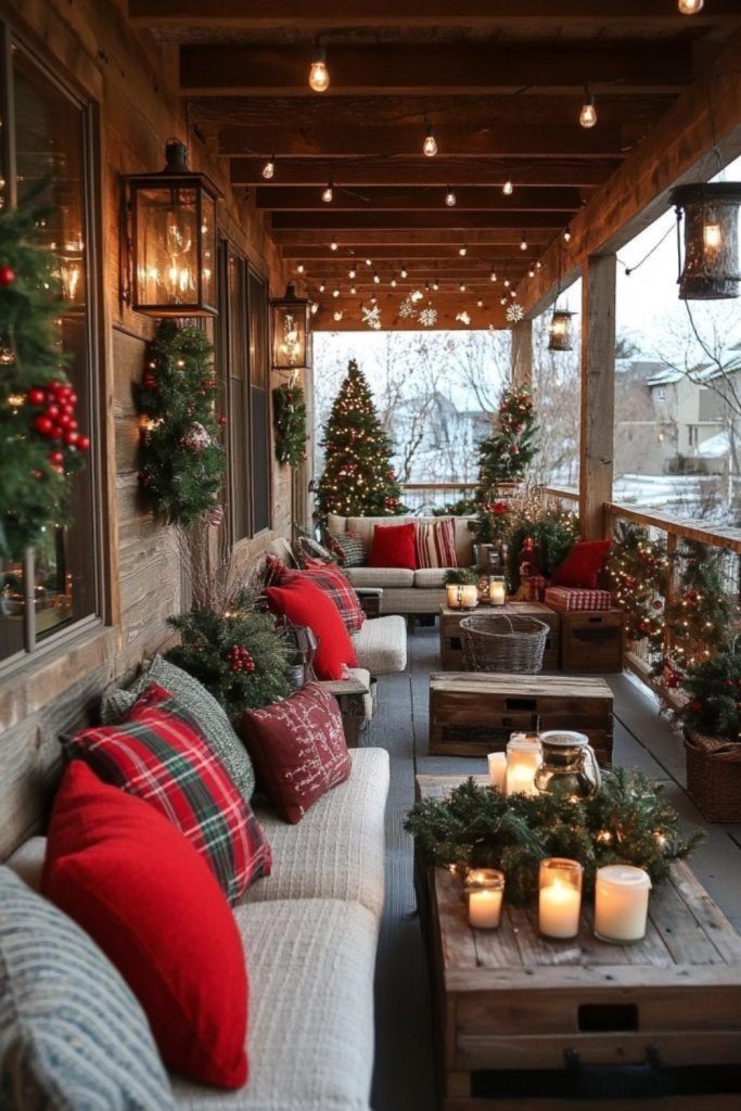Rustic lodge porch with plaid accents.