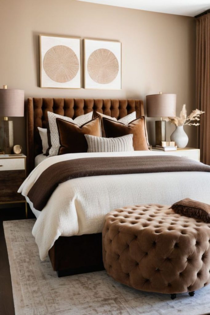 Cozy rustic mocha brown bedroom decor.