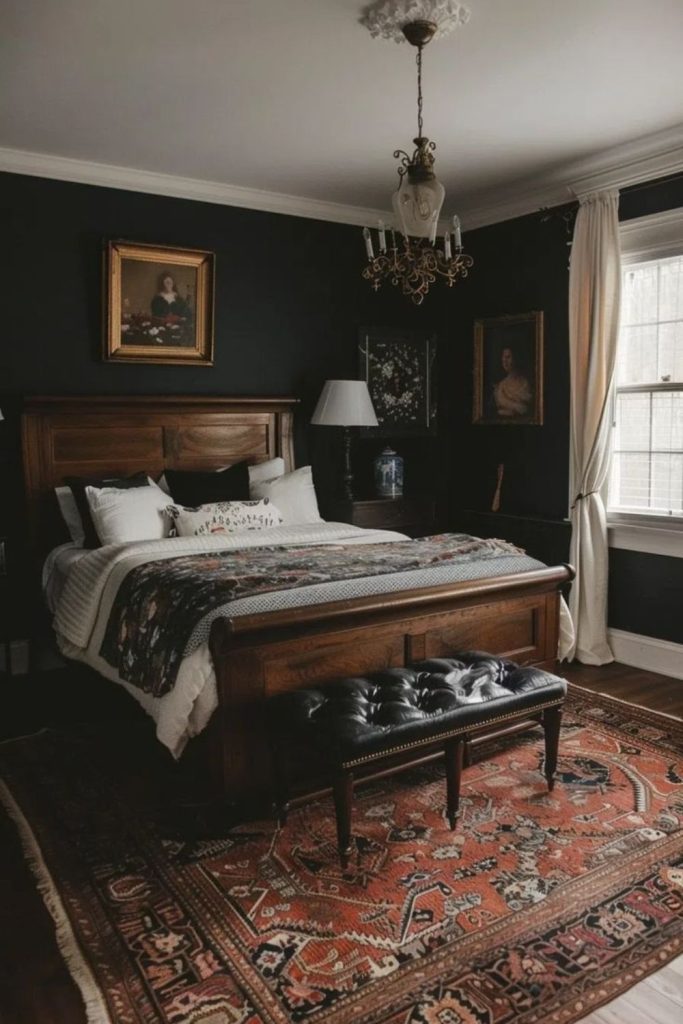Dark rustic wooden bedroom retreat.