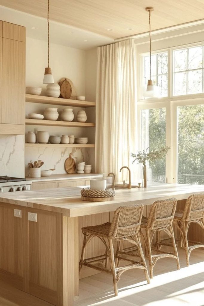 Rustic oat kitchen with brass fixtures.