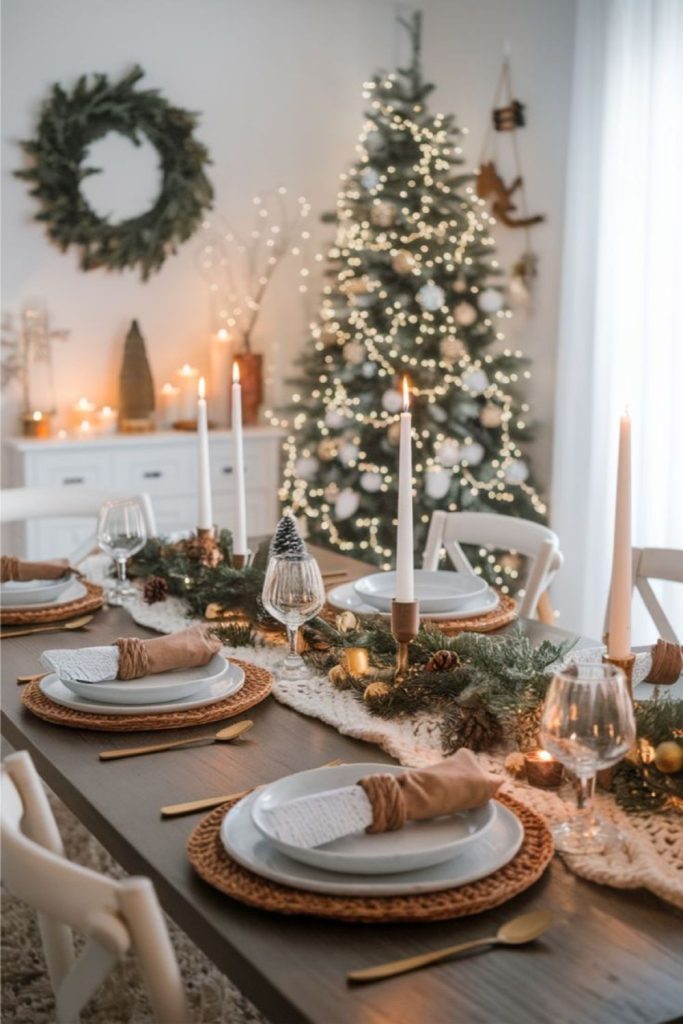Simple rustic snow-inspired table setting.