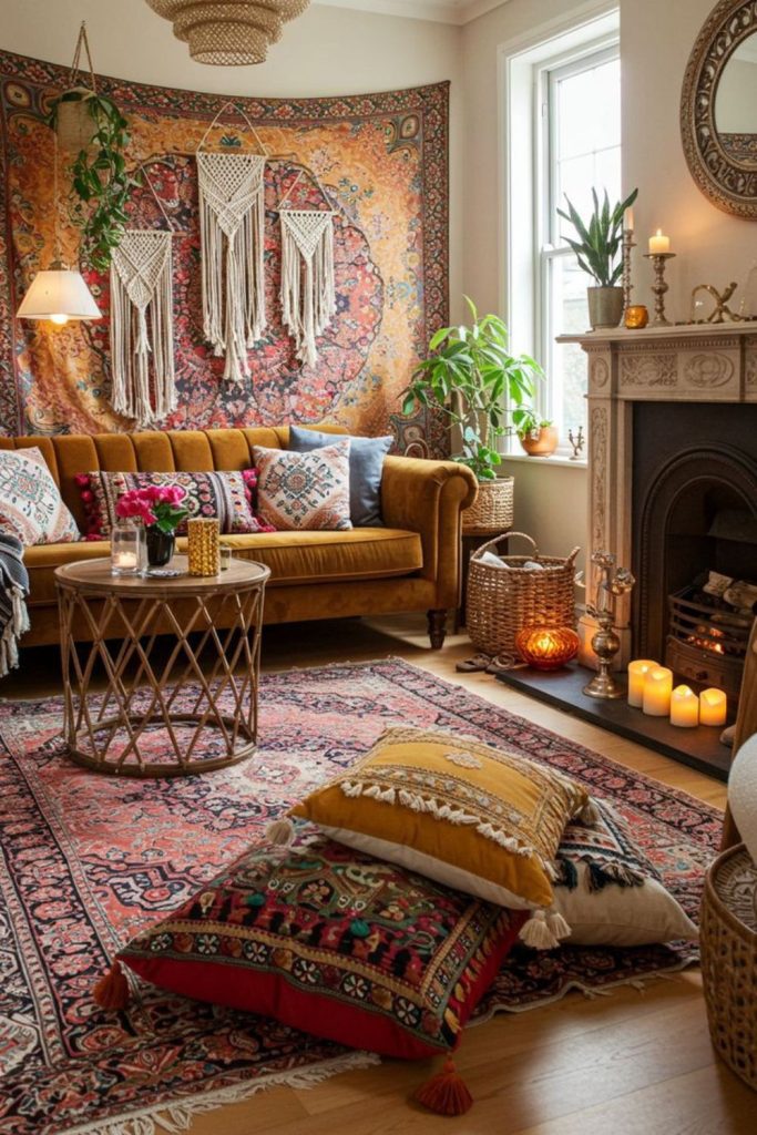 Saffron-accented warm boho interior.