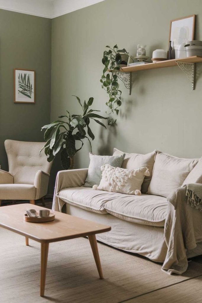 Sage-toned herbal minimalist relaxation space.