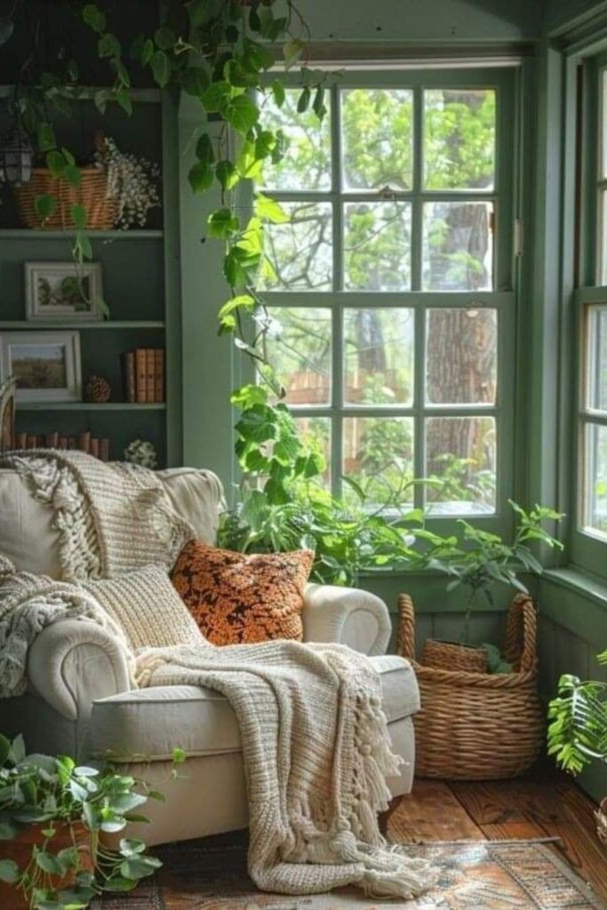 Sage green rustic cottage interior space.