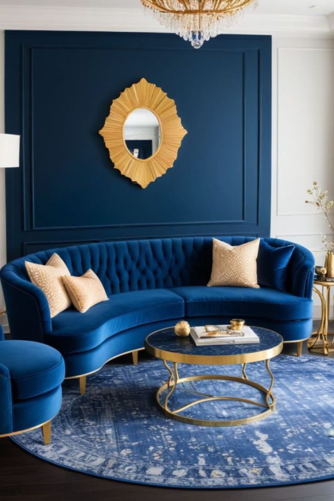 Sapphire and gold opulent lounge design.
