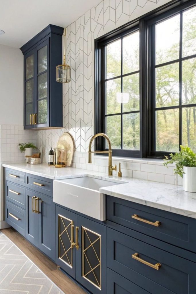 Sapphire blue kitchen with gold finishes.