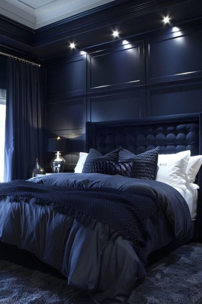 Indigo modern moody romantic bedroom.