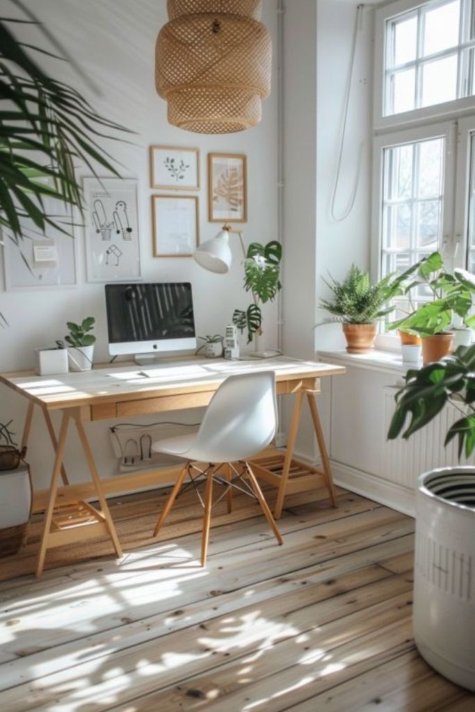 Scandinavian workspace with white wooden furniture