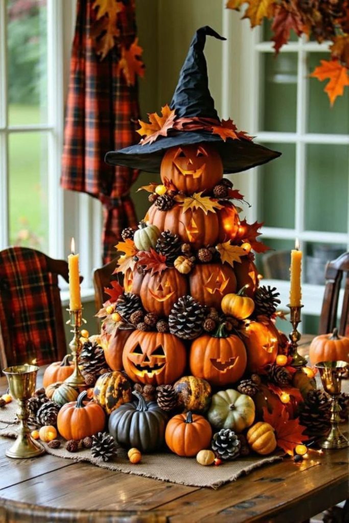 Scarecrow harvest shrine with straw décor.