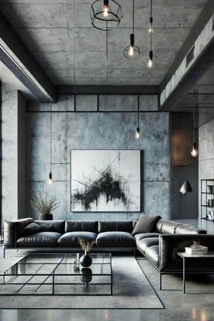 Minimal concrete and steel modern lounge.