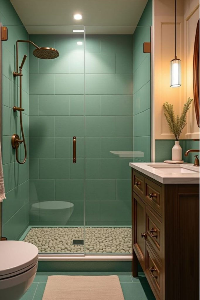 Ocean-inspired seafoam green small bathroom.