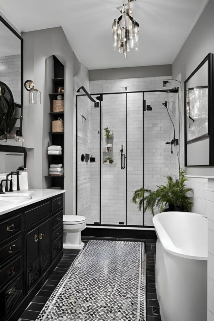 Sleek grayscale bathroom with glossy finishes.