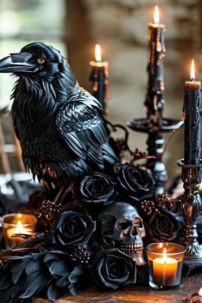 Raven candle nest with black feathers.