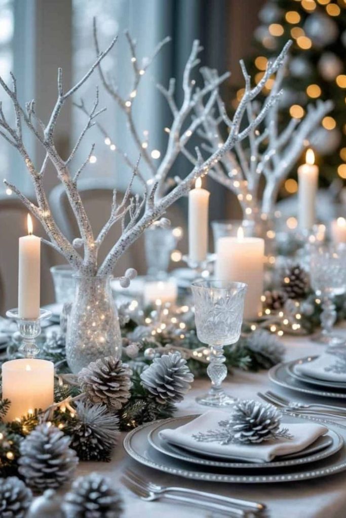 Shimmering silver birch winter table design.
