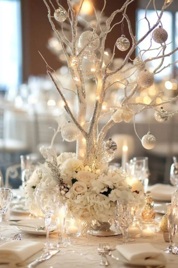 Silver-painted branch winter centerpiece.