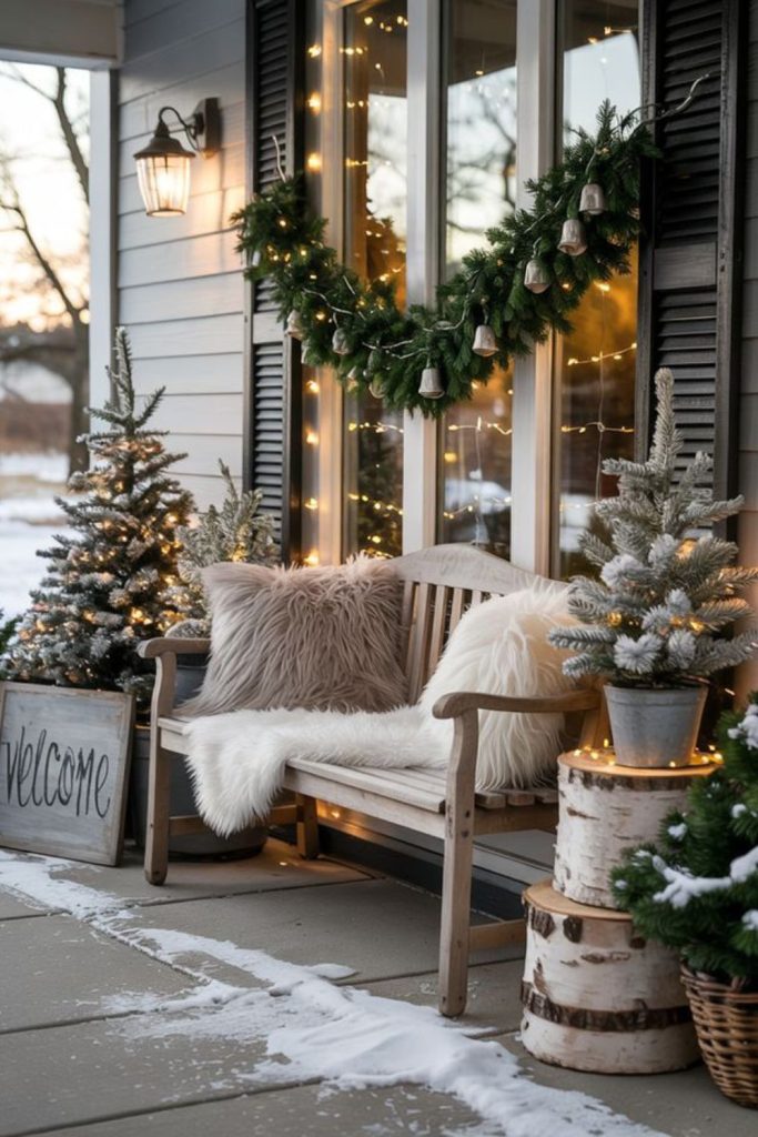 Silver shimmer porch with frosty garlands.