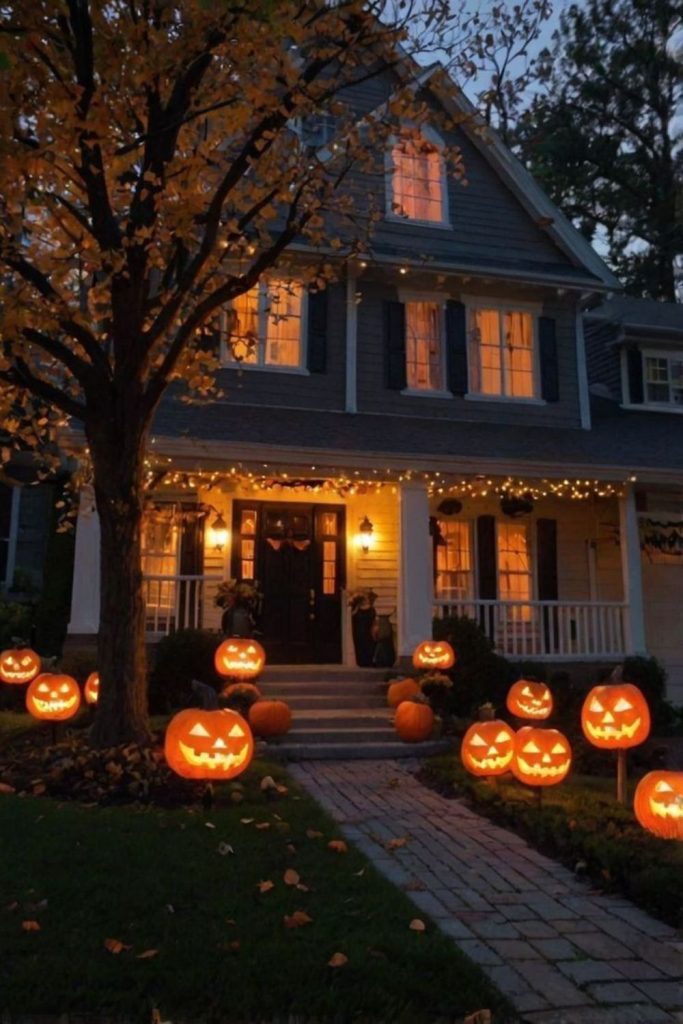 Carved jack-o’-lantern army glowing bright