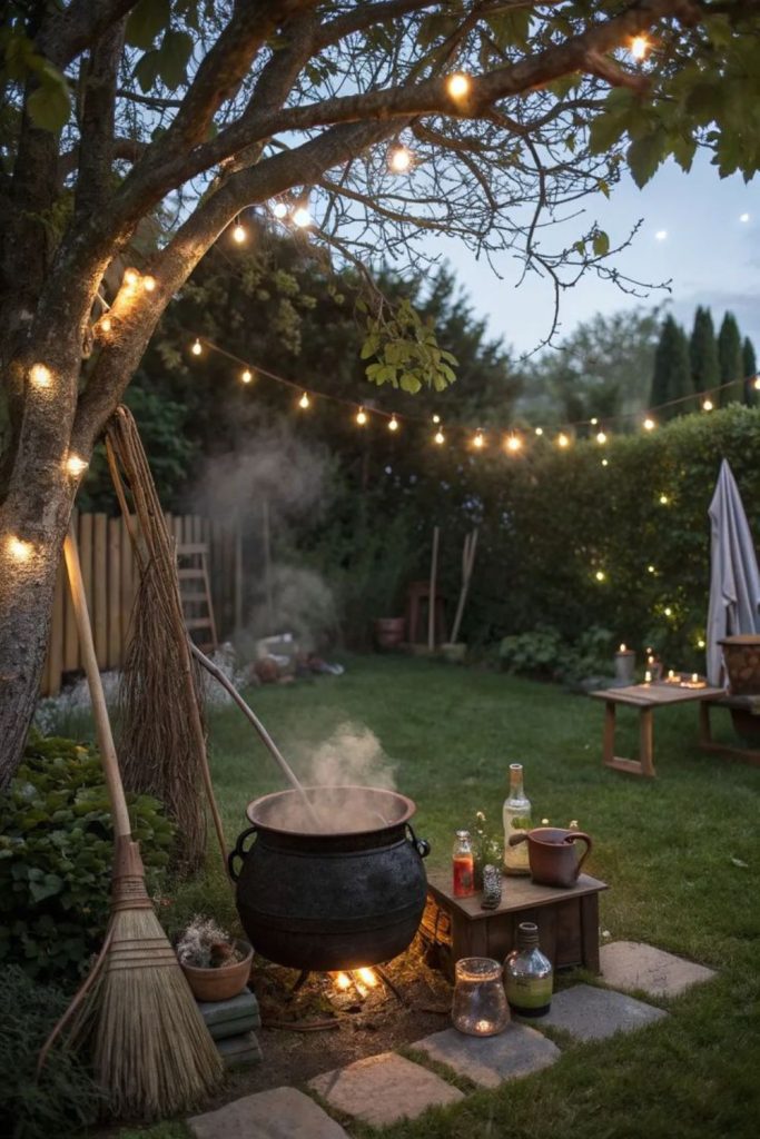 Witch’s cauldron bubbling with green mist