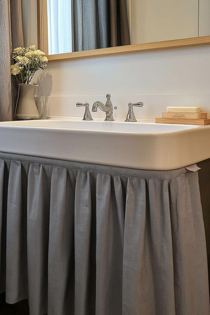 Sink skirt concealing pipe storage.