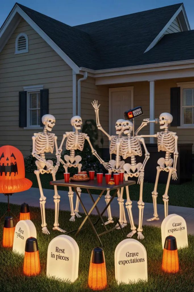 Skeletons partying around table with lights 